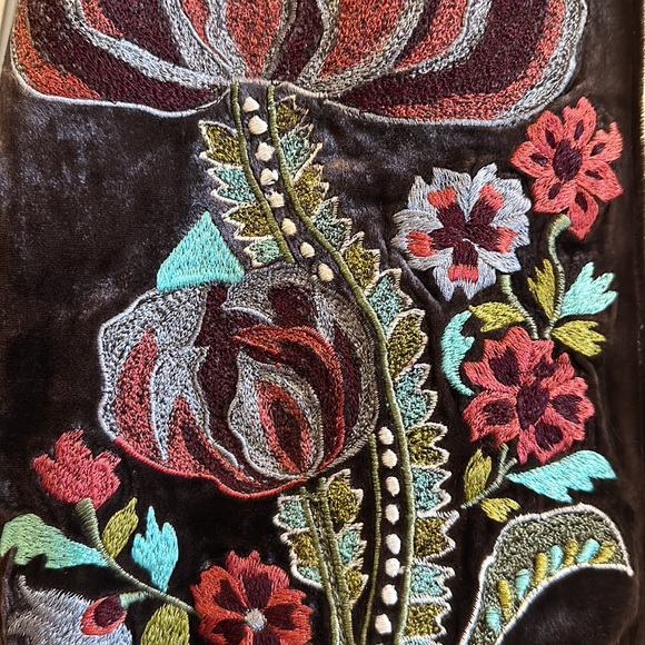 Chan Luu velvet silk embroidered beaded neck scarf taupe brown - Picture 2 of 8